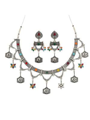 Navratri oxidised silver plated choker necklace with earrings set for women 3