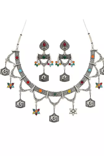 Navratri oxidised silver plated choker necklace with earrings set for women