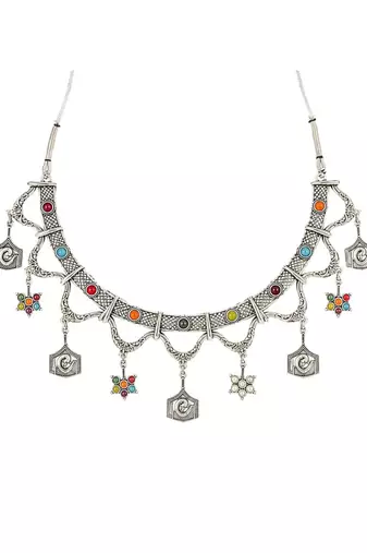 Navratri oxidised silver plated choker necklace with earrings set for women