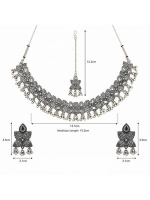 Navratri oxidised silver plated necklace with earrings and maang tikka for women 5