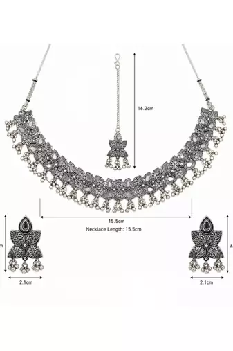 Navratri oxidised silver plated necklace with earrings and maang tikka for women