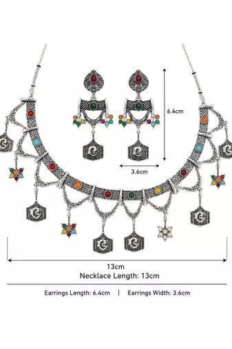Navratri oxidised silver plated choker necklace with earrings set for women