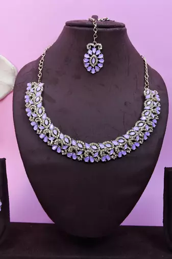 Purple color yellow gold plating festive wear designer necklace set