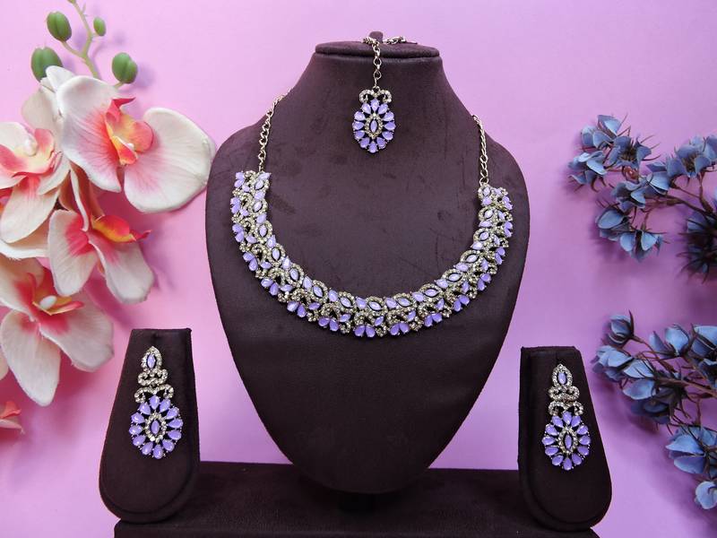 Purple color yellow gold plating festive wear designer necklace set