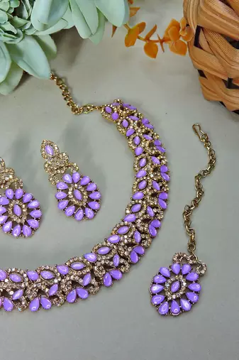 Purple color yellow gold plating festive wear designer necklace set