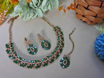 Green color yellow gold plating festive wear designer necklace set 2