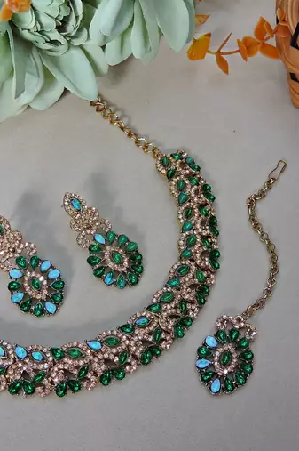 Green color yellow gold plating festive wear designer necklace set