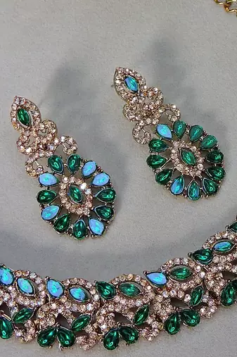 Green color yellow gold plating festive wear designer necklace set