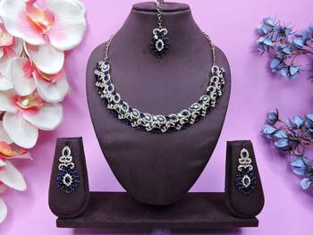 Beige and blue color yellow gold plating festive wear designer necklace set 1
