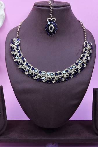 Beige and blue color yellow gold plating festive wear designer necklace set
