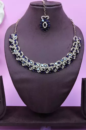 Beige and blue color yellow gold plating festive wear designer necklace set