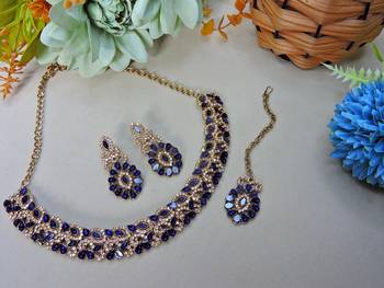Beige and blue color yellow gold plating festive wear designer necklace set 2
