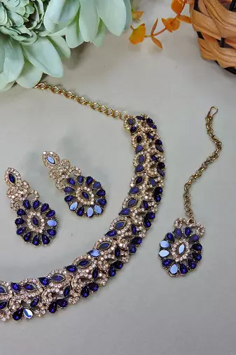 Beige and blue color yellow gold plating festive wear designer necklace set