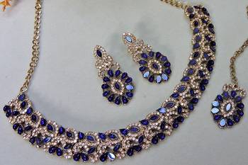 Beige and blue color yellow gold plating festive wear designer necklace set 3