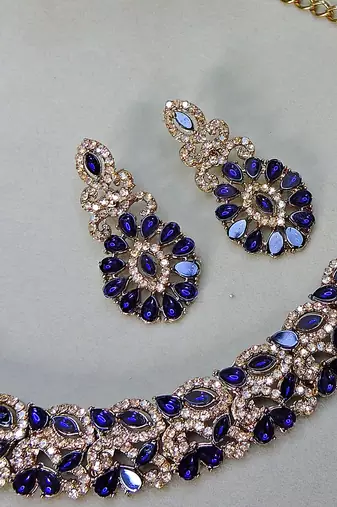Beige and blue color yellow gold plating festive wear designer necklace set