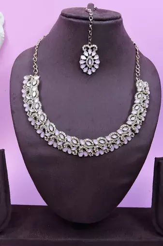 Pink color yellow gold plating festive wear designer necklace set