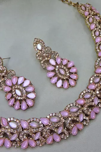 Pink color yellow gold plating festive wear designer necklace set