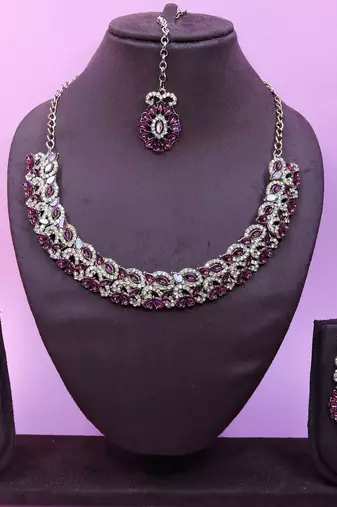 Purple color yellow gold plating festive wear designer necklace set