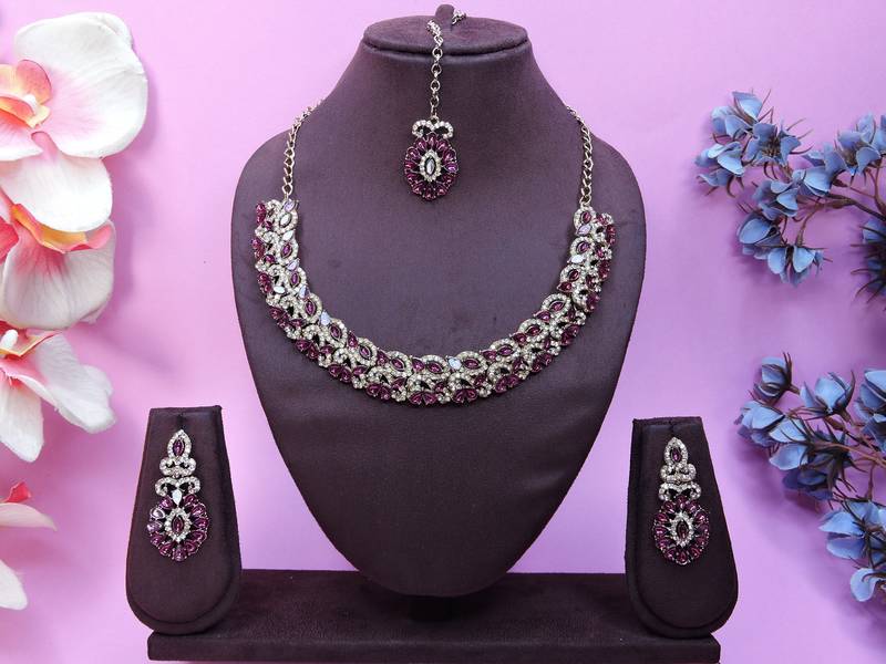 Purple color yellow gold plating festive wear designer necklace set