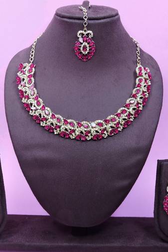Pink color yellow gold plating festive wear designer necklace set