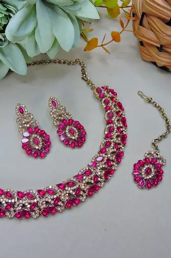 Pink color yellow gold plating festive wear designer necklace set