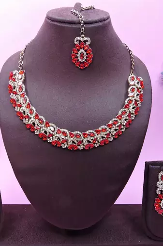 Red color yellow gold plating festive wear designer necklace set