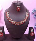 Red color yellow gold plating festive wear designer necklace set