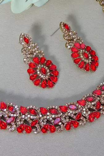 Red color yellow gold plating festive wear designer necklace set