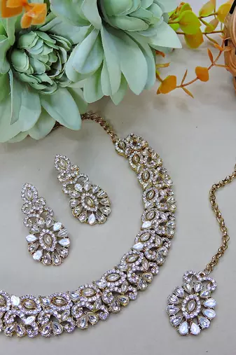 White color yellow gold plating festive wear designer necklace set