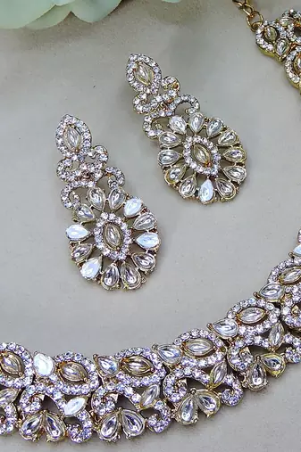 White color yellow gold plating festive wear designer necklace set