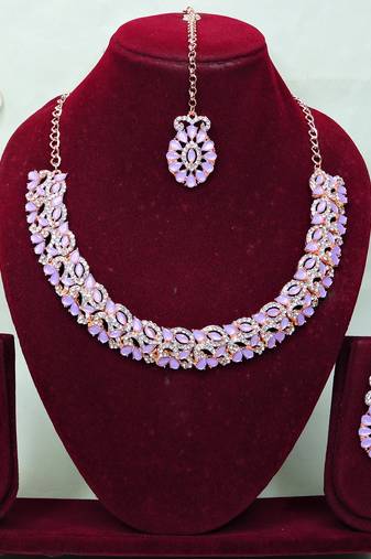 Pink color rhodium plating festive wear designer necklace set