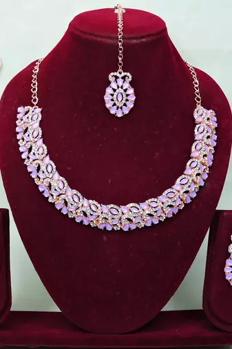 Pink color rhodium plating festive wear designer necklace set
