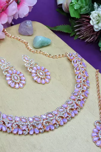 Pink color rhodium plating festive wear designer necklace set