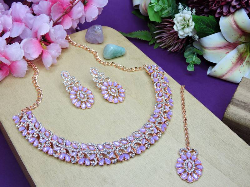 Pink color rhodium plating festive wear designer necklace set