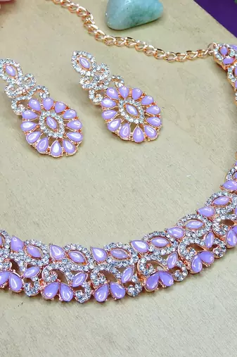 Pink color rhodium plating festive wear designer necklace set