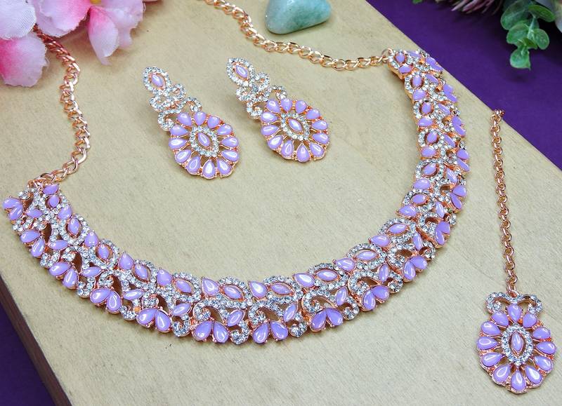 Pink color rhodium plating festive wear designer necklace set