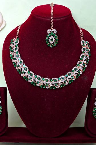 Green color rhodium plating festive wear designer necklace set
