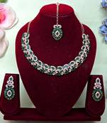 Green color rhodium plating festive wear designer necklace set