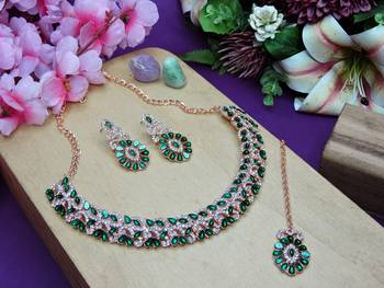 Green color rhodium plating festive wear designer necklace set 2
