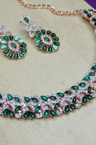 Green color rhodium plating festive wear designer necklace set