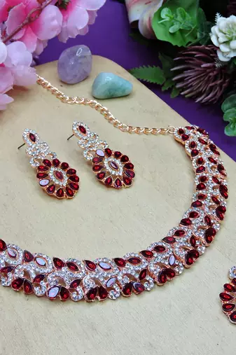 Maroon color rhodium plating festive wear designer necklace set