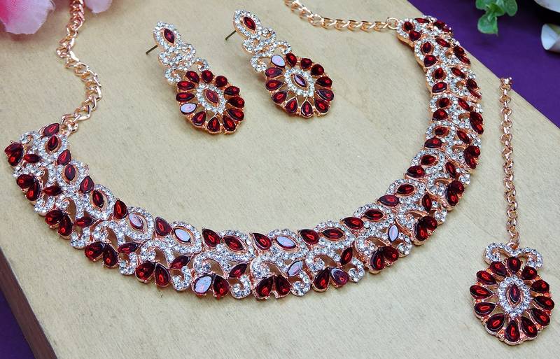 Maroon color rhodium plating festive wear designer necklace set