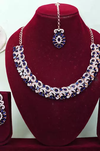 Pink color rhodium plating festive wear designer necklace set
