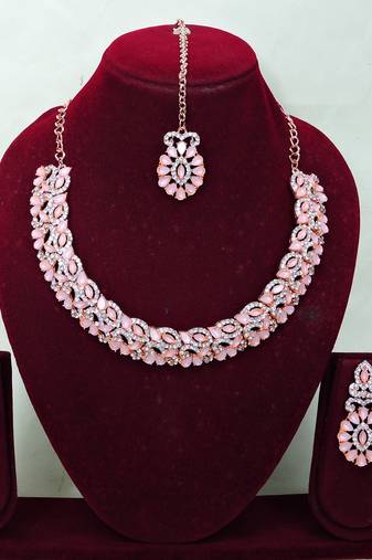 Pink color rhodium plating festive wear designer necklace set