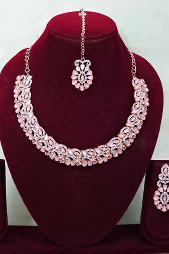 Pink color rhodium plating festive wear designer necklace set