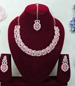 Pink color rhodium plating festive wear designer necklace set