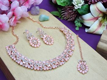 Pink color rhodium plating festive wear designer necklace set 2