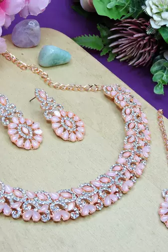 Pink color rhodium plating festive wear designer necklace set