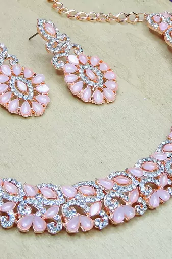 Pink color rhodium plating festive wear designer necklace set