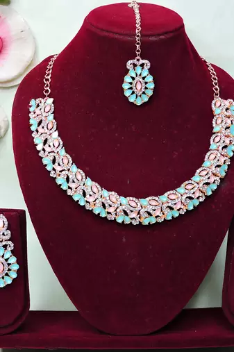 Green color rhodium plating festive wear designer necklace set